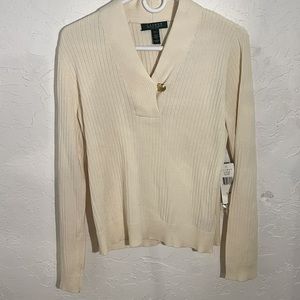 Ralph Lauren Ribbed Long Sleeve V Neck Sweater With Gold Button